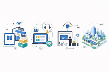 Плоская векторная инфографика образовательных иконок smart city с электронным обучением, библиотеками и цифровыми классами, изображение, сгенерированное искусственным интеллектом - yuyu