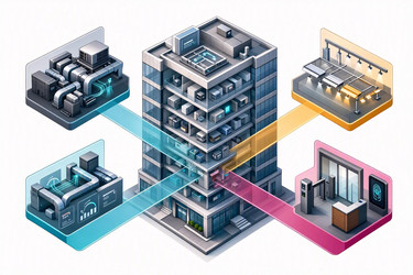 Подробный интерфейс автоматизации зданий smart city с системами кондиционирования, освещения и контроля доступа, изображение, сгенерированное искусственным интеллектом - yuyu