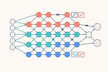 плоская векторная инфографика архитектуры нейронной сети искусственного интеллекта с входным, скрытым и выходным слоями, изображение, сгенерированное искусственным интеллектом - yuyu