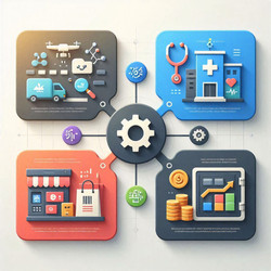 плоская векторная инфографика приложений искусственного интеллекта в различных отраслях промышленности со значками здравоохранения, финансов, розничной торговли и транспорта, изображение, сгенерированное искусственным интеллектом - yuyu