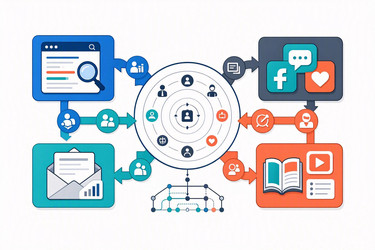 Плоская векторная инфографика экосистемы цифрового маркетинга с SEO, электронной почтой, социальными сетями и контент-маркетингом, изображение, сгенерированное искусственным интеллектом - yuyu