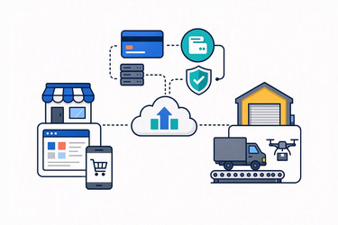 плоская векторная инфографика экосистемы электронной коммерции с иконками интернет-магазинов, платежей и логистики, изображение, сгенерированное искусственным интеллектом - yuyu