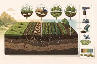 современная инфографика о связывании углерода в сельскохозяйственных почвах с практиками и измерениями, изображение, сгенерированное искусственным интеллектом - yuyu