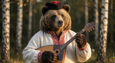 медведь в народном костюме играет на мандолине - Vvicca