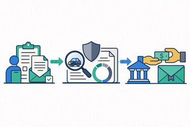 плоская векторная инфографика процесса выплаты страхового возмещения с этапами подачи, оценки и урегулирования, изображение, сгенерированное искусственным интеллектом - yuyu