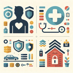 плоская векторная инфографика типов страховых полисов с охватом жизни, здоровья, авто и имущества, сгенерированное искусственным интеллектом изображение - yuyu