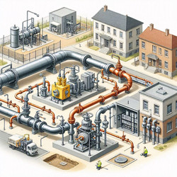 подробная инфографика сети распределения природного газа с трубопроводами, регуляторами и счетчиками, изображение, сгенерированное искусственным интеллектом - yuyu