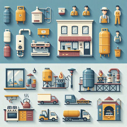 плоская векторная инфографика об использовании сжиженного газа и пропана в бытовых, коммерческих и промышленных целях, изображение, сгенерированное искусственным интеллектом - yuyu