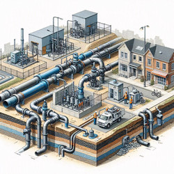 подробная инфографика сети распределения природного газа с трубопроводами, регуляторами и счетчиками, изображение, сгенерированное искусственным интеллектом - yuyu