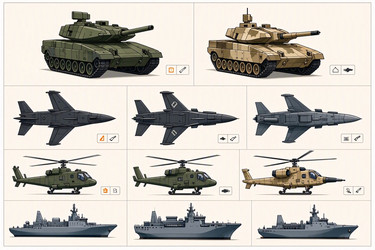 плоская векторная инфографика военной техники и транспортных средств с танками, самолетами и военно-морскими судами, сгенерированное искусственным интеллектом изображение - yuyu