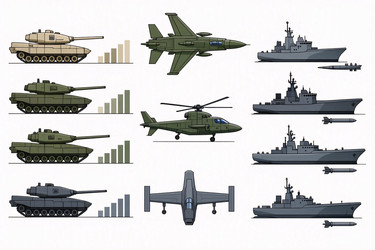 плоская векторная инфографика военной техники и транспортных средств с танками, самолетами и военно-морскими судами, сгенерированное искусственным интеллектом изображение - yuyu