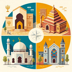 плоская векторная инфографика религиозной архитектуры с храмами, церквями, мечетями и синагогами, изображение, сгенерированное искусственным интеллектом - yuyu