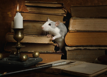 маленькая симпатичная серая крыса ползает между старыми книгами на столе - alkir