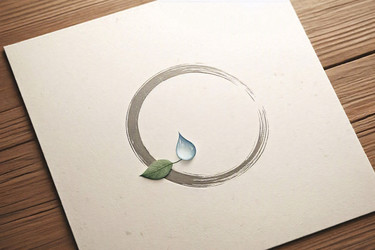 Логотип Zen minimal meditation с изображением единственного круга enso с крошечным листочком и каплей воды, сгенерированное искусственным интеллектом изображение - yuyu