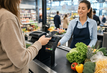 Покупательница оплачивает продукты смартфоном на кассе супермаркета - brillenstimmer