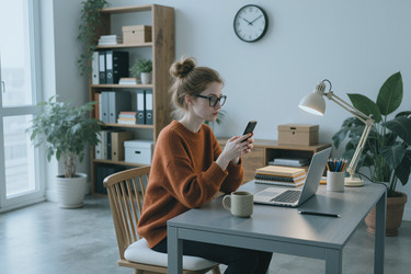 Женщина, использующая смартфон во время работы на ноутбуке в домашнем офисе - AnnaStills