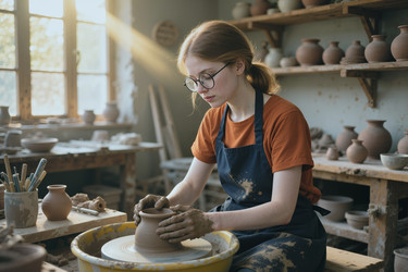 Женщина лепит глиняный горшок на прялке в гончарной мастерской - SeventyFour
