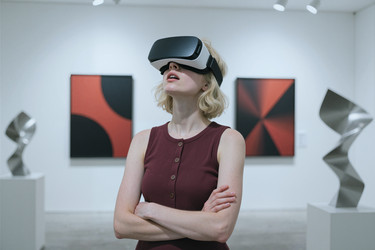 Женщина в Vr-гарнитуре испытывает виртуальную реальность в Художественной галерее - SeventyFour