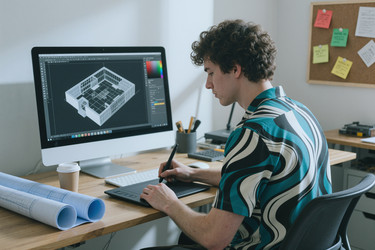 Мужчина-архитектор, работающий над проектом 3d-дизайна интерьера с графическим планшетом - SeventyFour