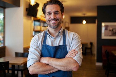 Портрет улыбающегося мужчины, стоящего со скрещенными на груди руками в ресторане - Pressmaster