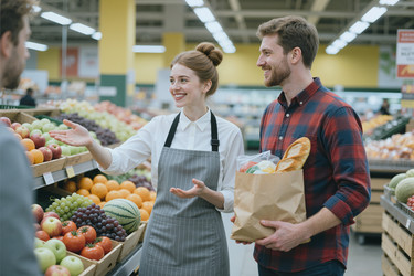 Женщина-продавщица, помогающая покупателям в продуктовом отделе супермаркета - SeventyFour