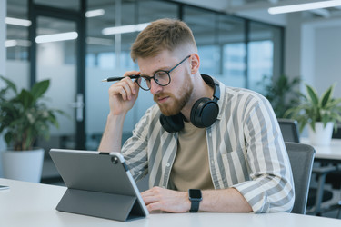 Мужчина в очках работает на цифровом планшете в современном офисе - SeventyFour