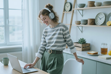Счастливая женщина в наушниках работает дома на ноутбуке - SeventyFour