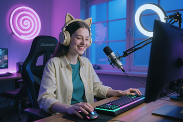 Женщина, транслирующая видеоигру в наушниках Cat Ear за компьютером - AnnaStills