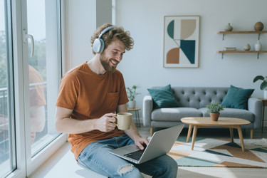 Улыбающийся мужчина в наушниках работает на ноутбуке из дома - SeventyFour
