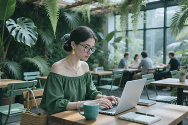 Женщина работает за ноутбуком в кафе с пышными растениями - AnnaStills