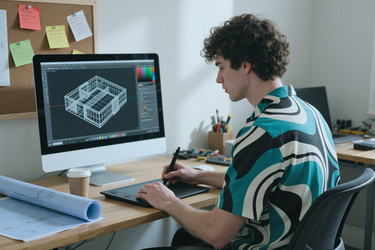 Человек, проектирующий архитектурную 3d-модель на компьютере с графическим планшетом - SeventyFour