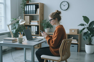 Сосредоточенная женщина, использующая смартфон во время работы на ноутбуке в современном офисе - AnnaStills