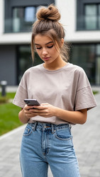 Молодая женщина в бежевой футболке и джинсах держит смартфон в руках, звонит или отвечает. Красивая девушка использует мобильный телефон, смотрит видео в соцсетях на улице. Женские руки держат телефон крупным планом, макро. Женщина со смартфоном на городс - Sveetlana