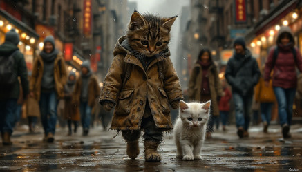 кошка в пальто гуляет по городу с котенком под дождем - Nik.Alex