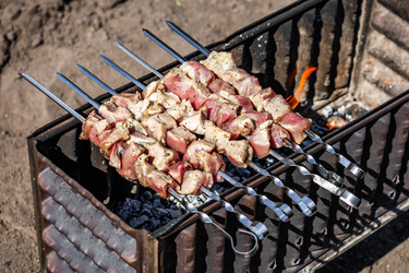 шашлык из сырого маринованного мяса, приготовленный на металлическом мангале на открытом воздухе - Derbis
