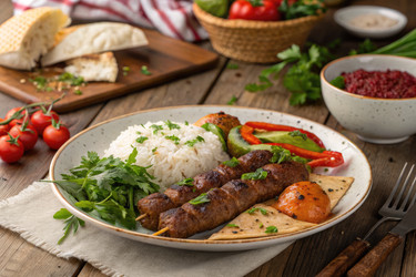 пикантные шашлыки подаются с рисом и овощами на деревянном столе - RomanZ