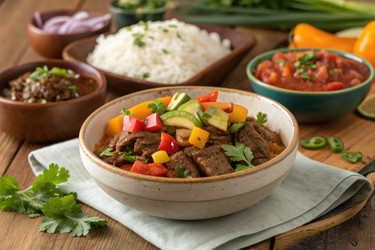 вкусное тушеное мясо из говядины подается со свежими овощами и рисом в уютной обстановке - RomanZ