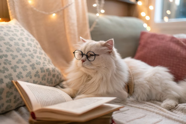 кошка читает книгу в очках в уютной обстановке комнаты - RomanZ