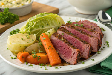 вкусный нарезанный ростбиф с овощами на белой тарелке во время ужина - RomanZ