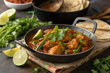 вкуснейшее куриное карри подается с нааном и свежим лаймом на деревенском столе - RomanZ