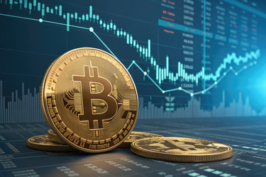 биткойн-монеты перед цифровыми торговыми графиками и рыночными данными - RomanZ
