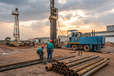 операция по бурению нефтяных скважин на закате с рабочими и техникой на переднем плане - RomanZ
