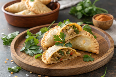 вкусные эмпанады со свежей зеленью подаются на деревянной тарелке - RomanZ