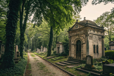 тихая кладбищенская дорожка, окруженная высокими деревьями и историческими мавзолеями - RomanZ