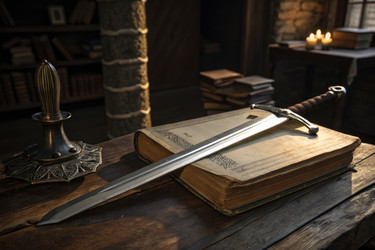 меч, лежащий на древней книге в тускло освещенном кабинете - RomanZ