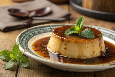 вкусный флан-десерт с карамельным соусом и мятой на деревянном столе в деревенском стиле - RomanZ