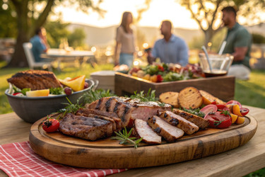 вкусное мясо, приготовленное на гриле, подается на открытом воздухе во время солнечной встречи с друзьями - RomanZ