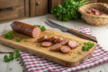 вкусная копченая колбаса, нарезанная ломтиками на деревянной разделочной доске с зеленью - RomanZ