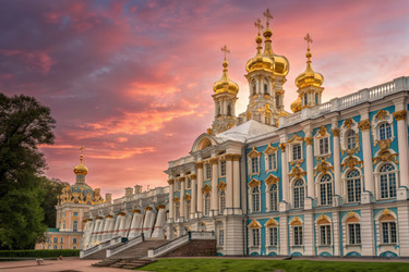 золотые купола екатерининского дворца, залитые закатным сиянием в россии - RomanZ