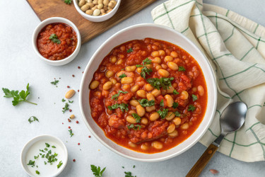 сытное рагу из фасоли с томатным соусом и свежей зеленью подается в миске - RomanZ